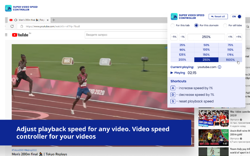Original extension screenshot showing speed presets and keyboard shortcuts on YouTube.